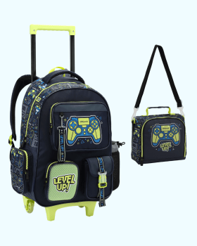 KIT MOCHILA INFANTIL DE RODINHAS E LANCHEIRA GAMER LEVEL UP! SEANITE 