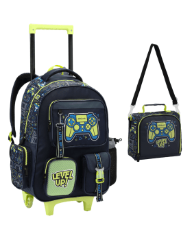 KIT MOCHILA INFANTIL DE RODINHAS E LANCHEIRA GAMER LEVEL UP! SEANITE