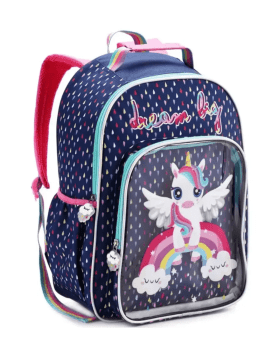 MOCHILA INFANTIL PASSEIO ESCOLAR AZUL MARINHO UNICORNIO ARCO IRIS DENLEX