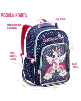MOCHILA INFANTIL PASSEIO ESCOLAR AZUL MARINHO UNICORNIO ARCO IRIS DENLEX