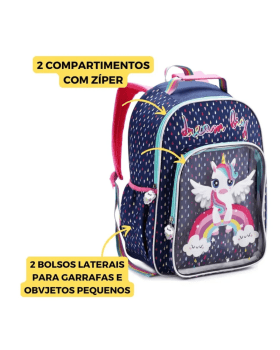 MOCHILA INFANTIL PASSEIO ESCOLAR AZUL MARINHO UNICORNIO ARCO IRIS DENLEX