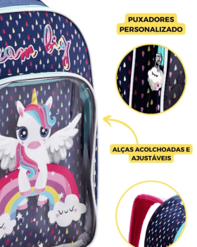 MOCHILA INFANTIL PASSEIO ESCOLAR AZUL MARINHO UNICORNIO ARCO IRIS DENLEX