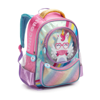 MOCHILA INFANTIL PASSEIO ESCOLAR ROSA COM GLITER UNICORNIO DENLEX 