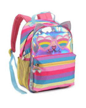 MOCHILA INFANTIL PASSEIO ESCOLAR ROSA HOLOGRAFICA COLORIDA GATINHA DENLEX