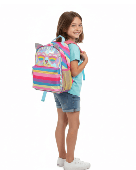 MOCHILA INFANTIL PASSEIO ESCOLAR ROSA HOLOGRAFICA COLORIDA GATINHA DENLEX