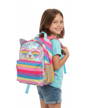 MOCHILA INFANTIL PASSEIO ESCOLAR ROSA HOLOGRAFICA COLORIDA GATINHA DENLEX