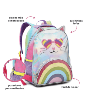 MOCHILA INFANTIL PASSEIO ESCOLAR ROSA / LILAS COM GLITER GATINHA DENLEX 