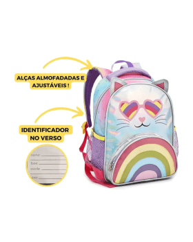 MOCHILA INFANTIL PASSEIO ESCOLAR ROSA / LILAS COM GLITER GATINHA DENLEX 