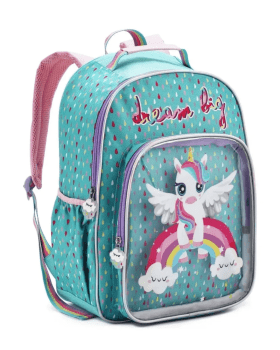 MOCHILA INFANTIL PASSEIO ESCOLAR VERDE AGUA UNICORNIO ARCO IRIS DENLEX