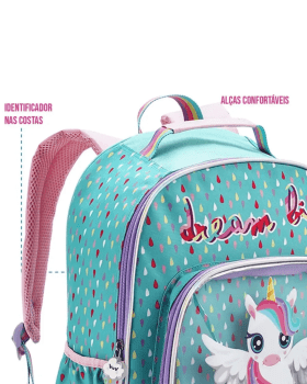 MOCHILA INFANTIL PASSEIO ESCOLAR VERDE AGUA UNICORNIO ARCO IRIS DENLEX