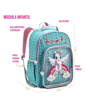 MOCHILA INFANTIL PASSEIO ESCOLAR VERDE AGUA UNICORNIO ARCO IRIS DENLEX