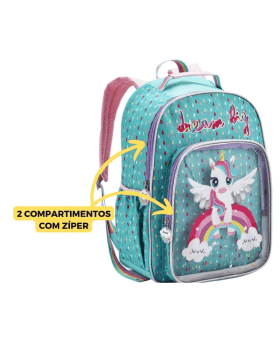 MOCHILA INFANTIL PASSEIO ESCOLAR VERDE AGUA UNICORNIO ARCO IRIS DENLEX