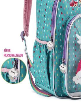MOCHILA INFANTIL PASSEIO ESCOLAR VERDE AGUA UNICORNIO ARCO IRIS DENLEX