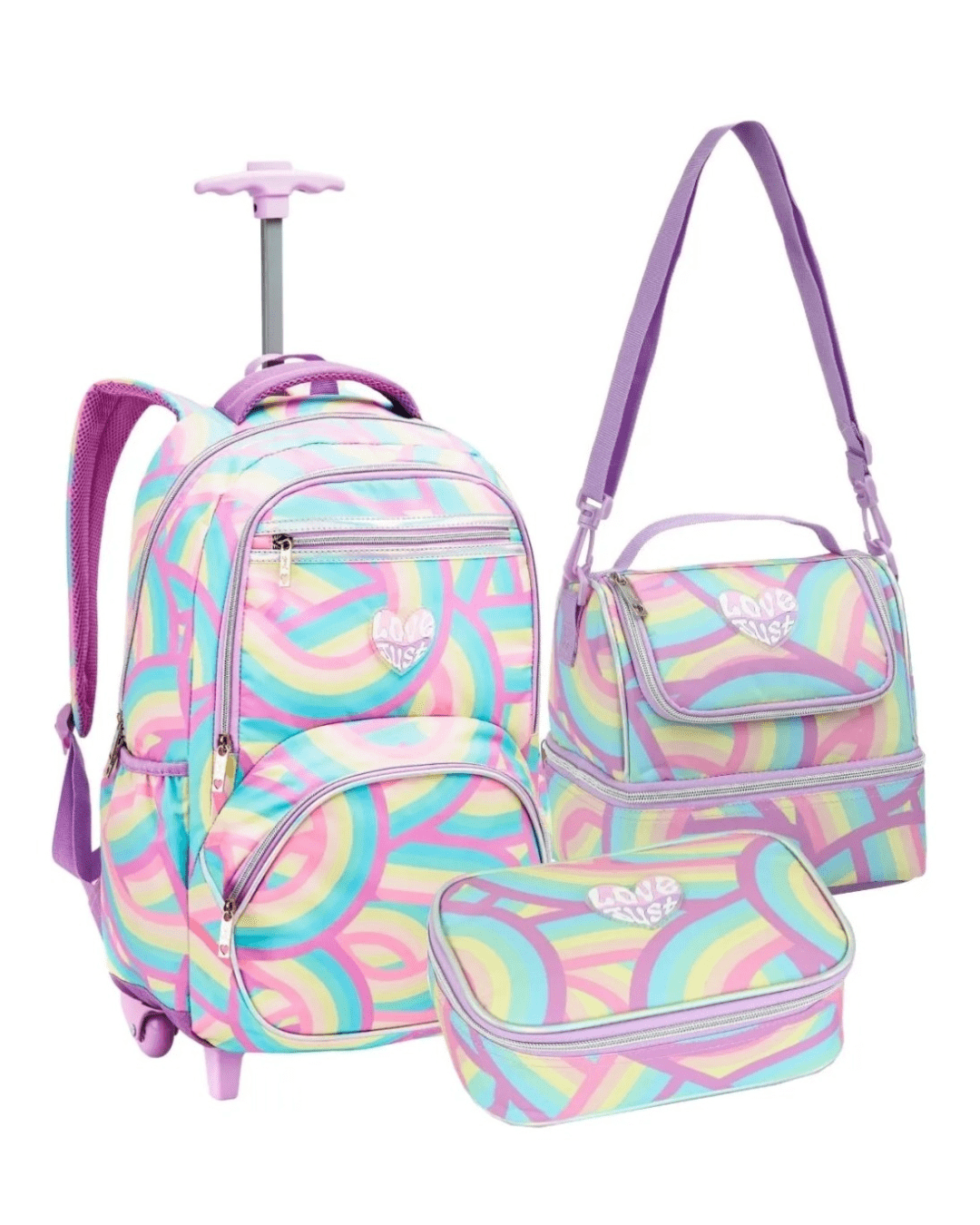 KIT INFANTIL JUVENIL MOCHILA DE RODINHAS LANCHEIRA E ESTOJO ESCOLAR JUST LOVE MULTICOLORIDO DENLEX