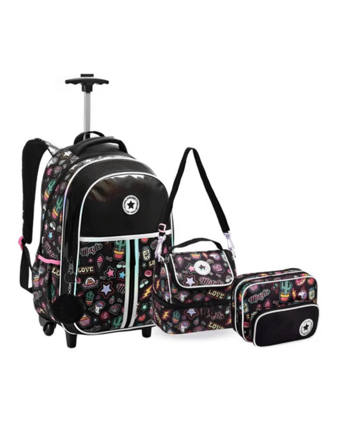 KIT JUVENIL MOCHILA DE RODINHAS LANCHEIRA E ESTOJO ESCOLAR LOVE PRETO DENLEX