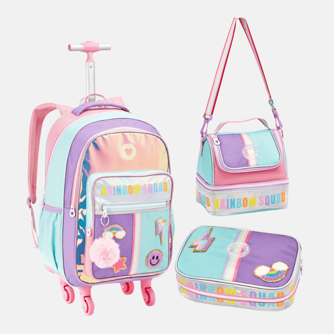 KIT MOCHILA DE RODINHAS LANCHEIRA E ESTOJO ESCOLAR RAINBOW SQUAD DESING HOLOGRAFICO 3D DENLEX