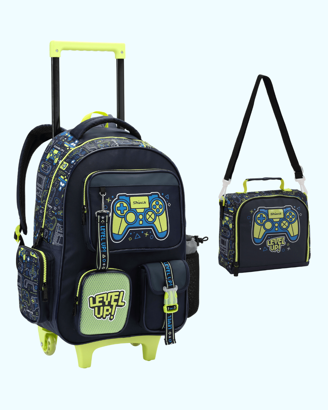 KIT MOCHILA INFANTIL DE RODINHAS E LANCHEIRA GAMER LEVEL UP! SEANITE