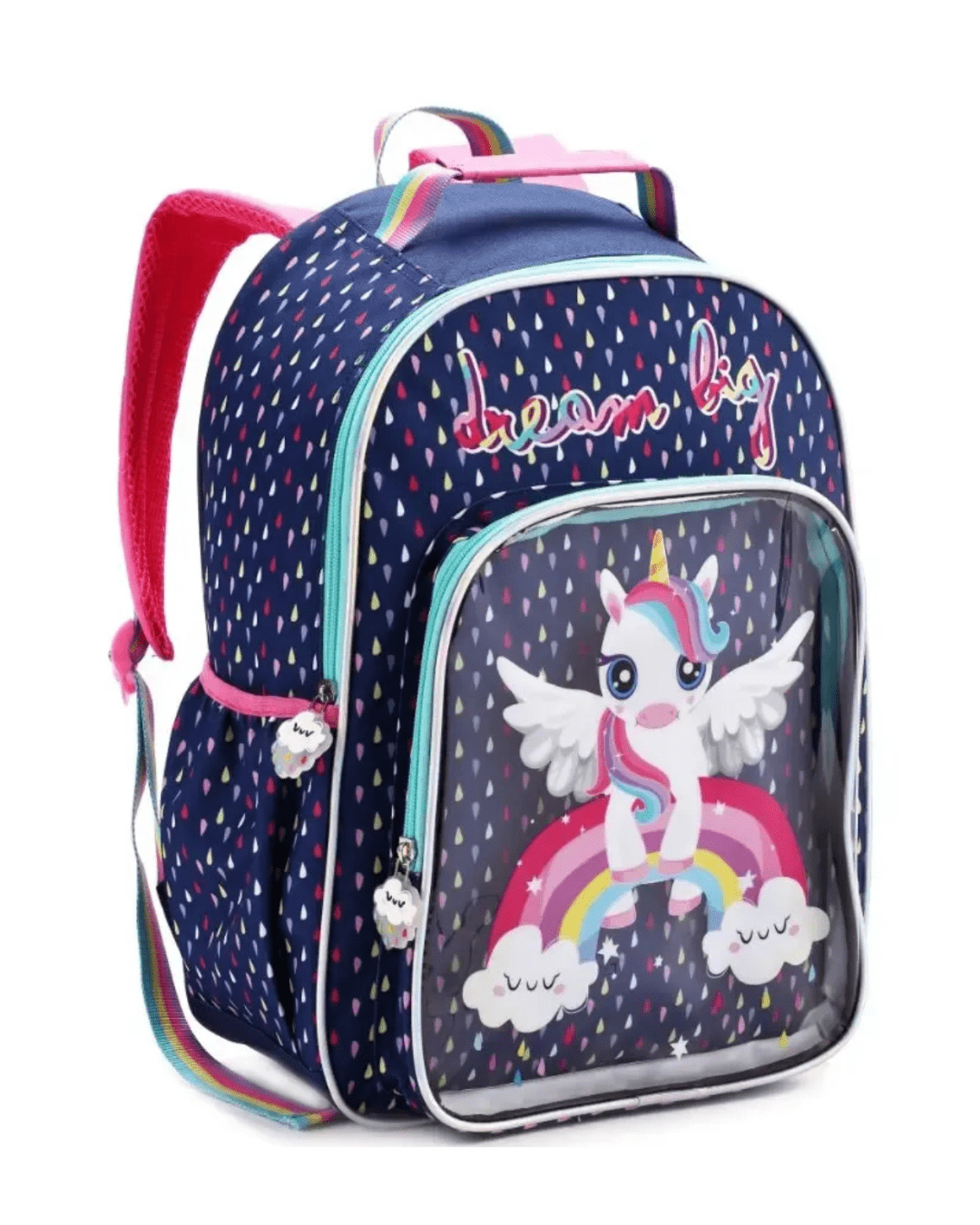 MOCHILA INFANTIL PASSEIO ESCOLAR AZUL MARINHO UNICORNIO ARCO IRIS DENLEX