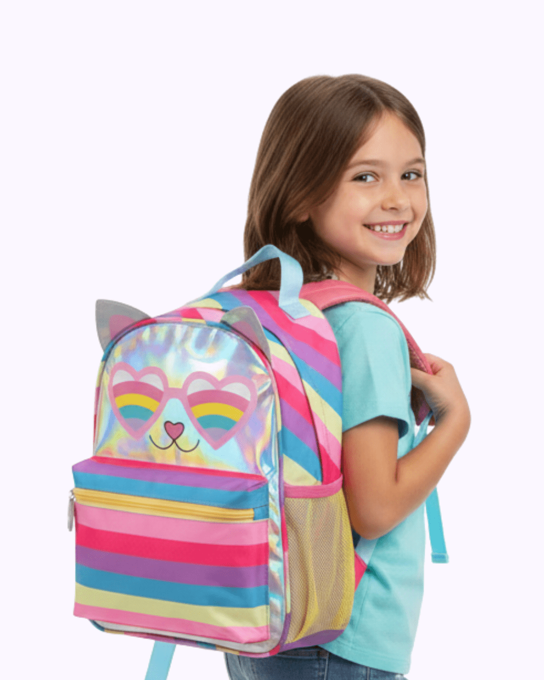 MOCHILA INFANTIL PASSEIO ESCOLAR ROSA HOLOGRAFICA COLORIDA GATINHA DENLEX
