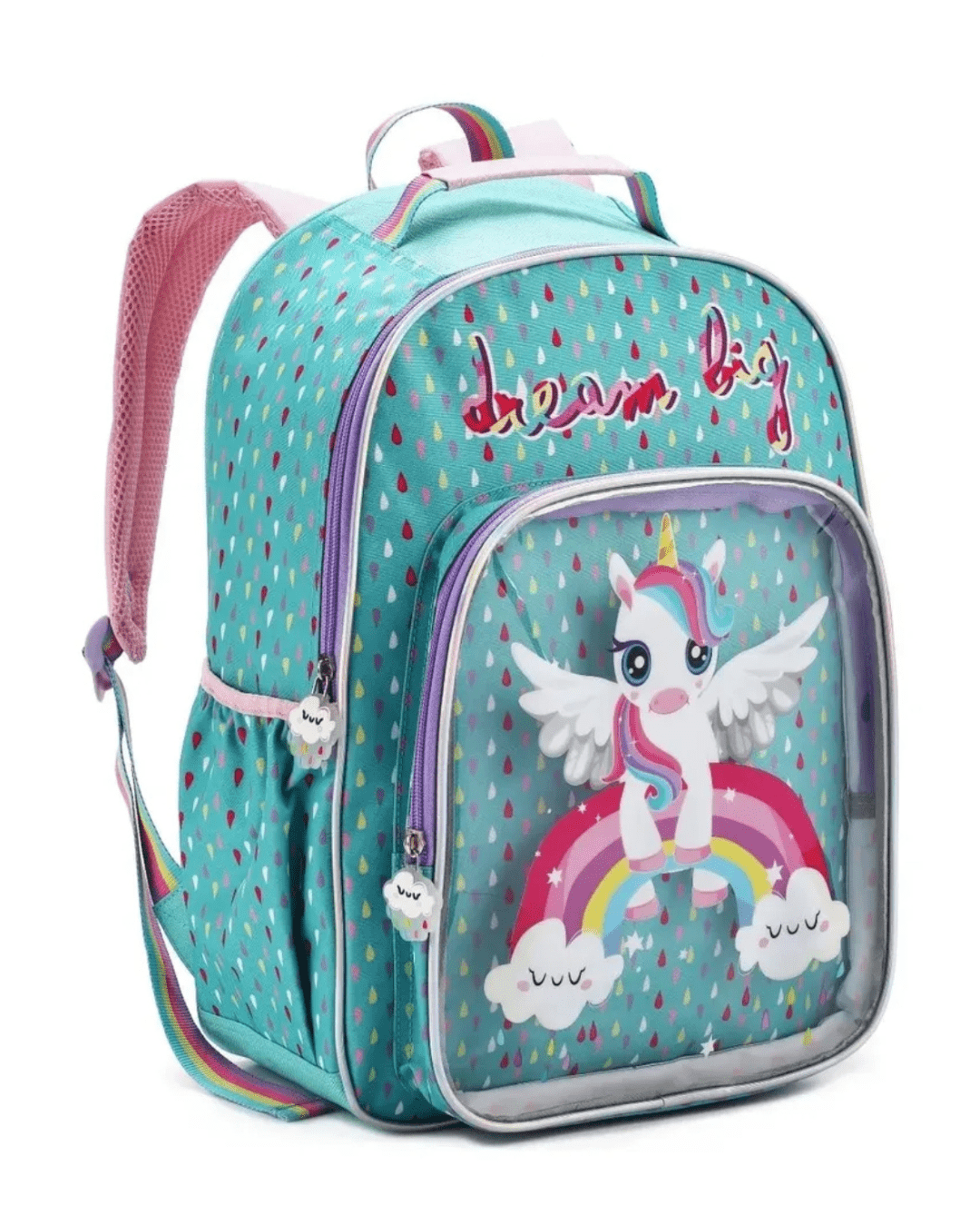 MOCHILA INFANTIL PASSEIO ESCOLAR VERDE AGUA UNICORNIO ARCO IRIS DENLEX